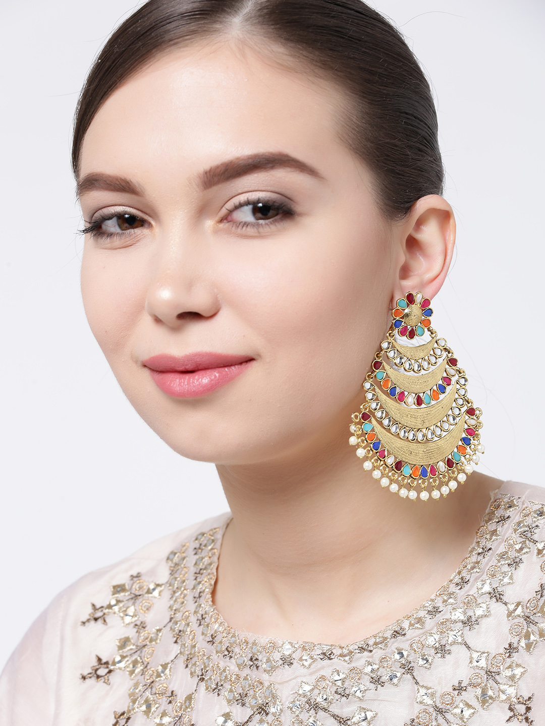 YouBella Multicoloured Gold-Plated Stone-Studded Beaded Chandbalis